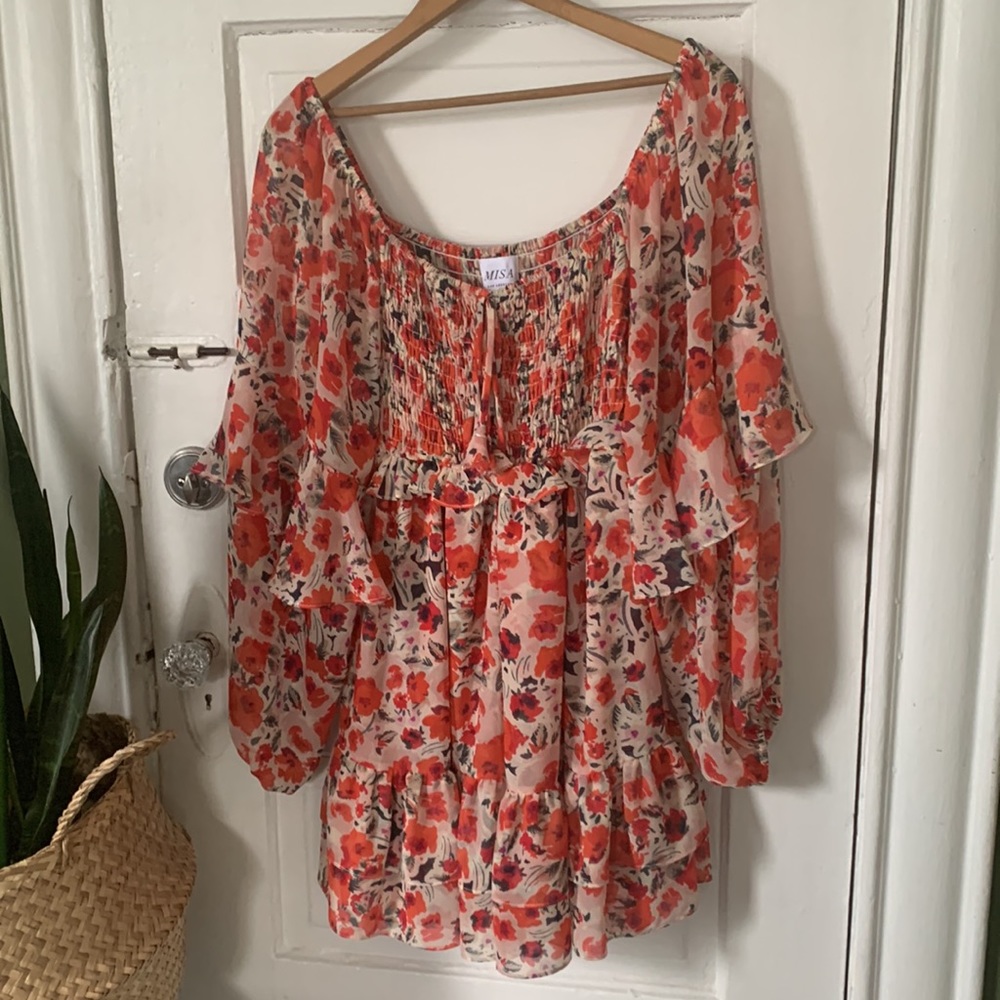 MISA Los Angeles Asra Red Floral Puff Sleeve Dress | US S - Picture 8 of 12
